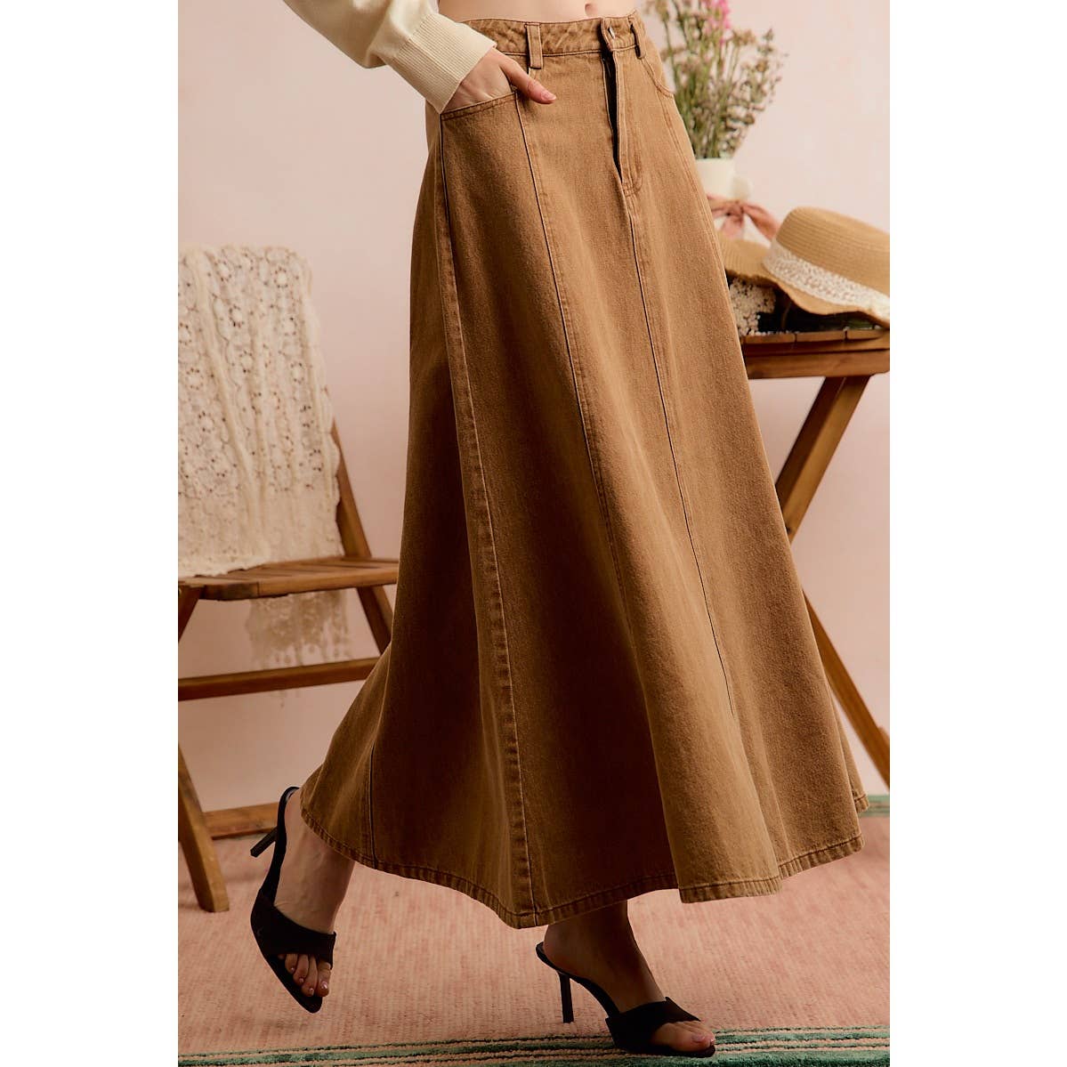 Pleated Color Denim Washed Wide Flowy Fit Maxi Skirt