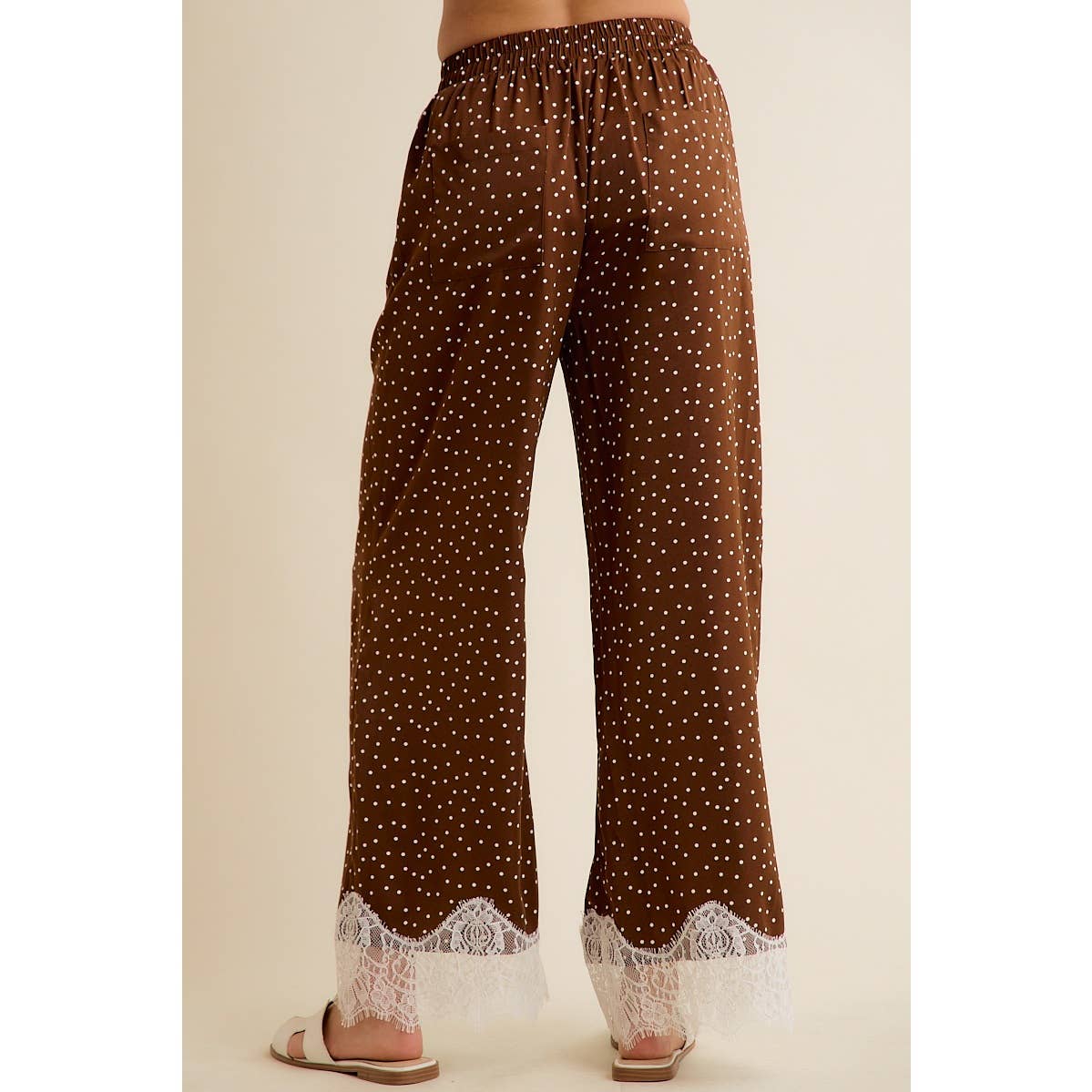 Satin Polka Dot Wide Leg Pull On Pants w/ Lace