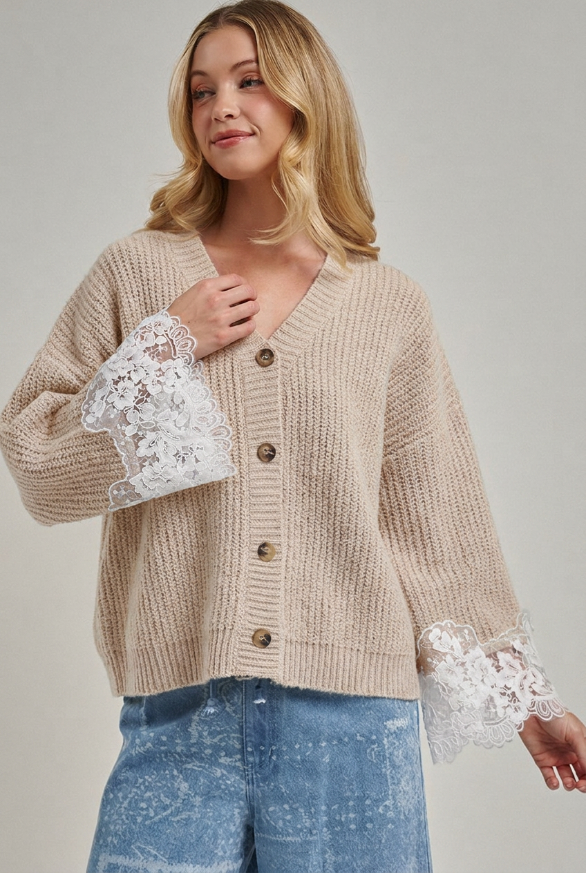 Loose Fit Soft V Neck Sweater Cardigan w/ Lace