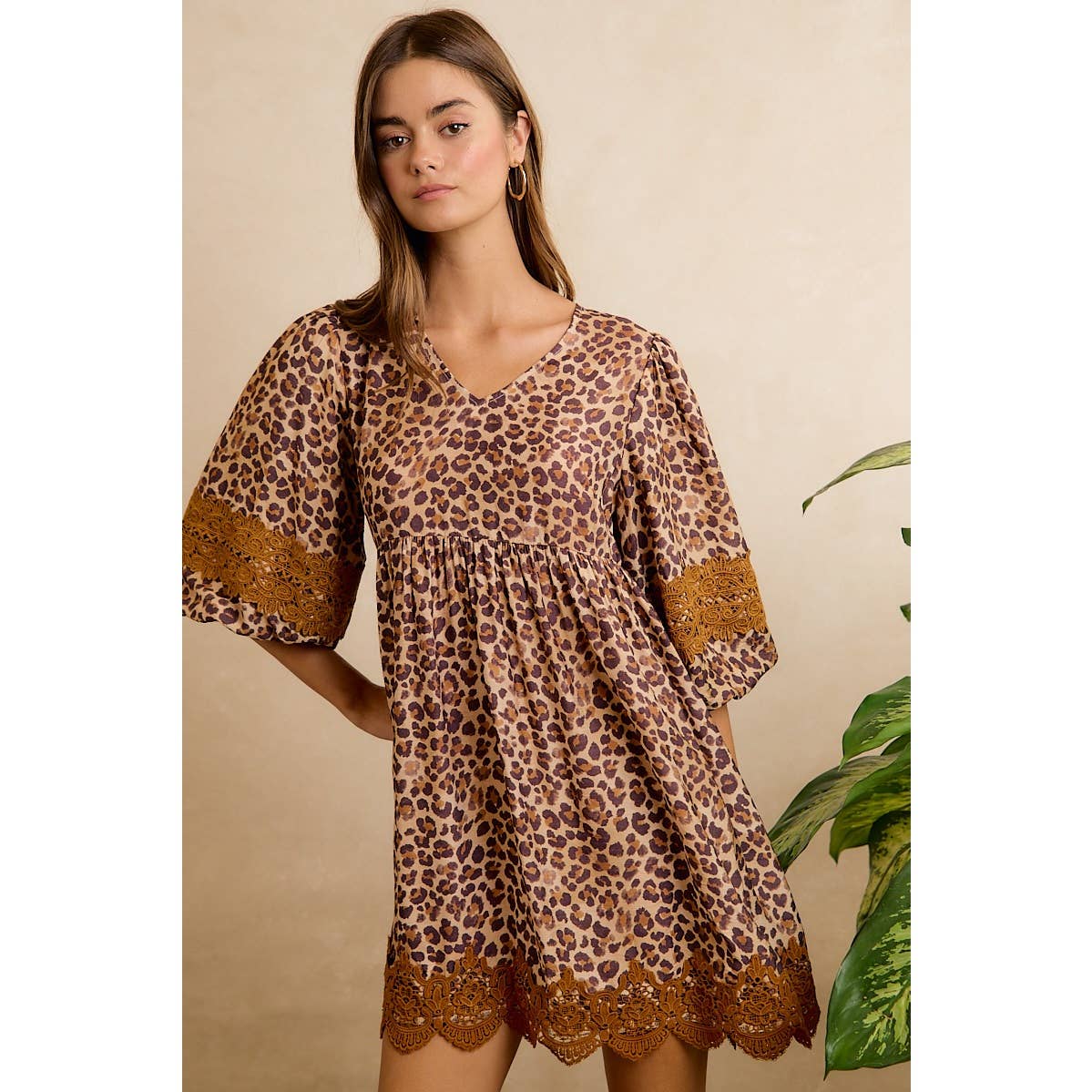 Leopard V-neck Dress with Lace Hem
