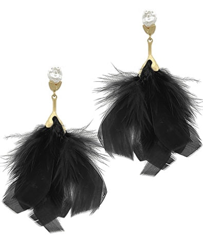 Pearl Flower & Feather Drop Earrings