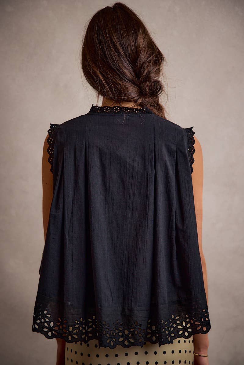 Button Up Front Pleated Sleeveless Blouse Top