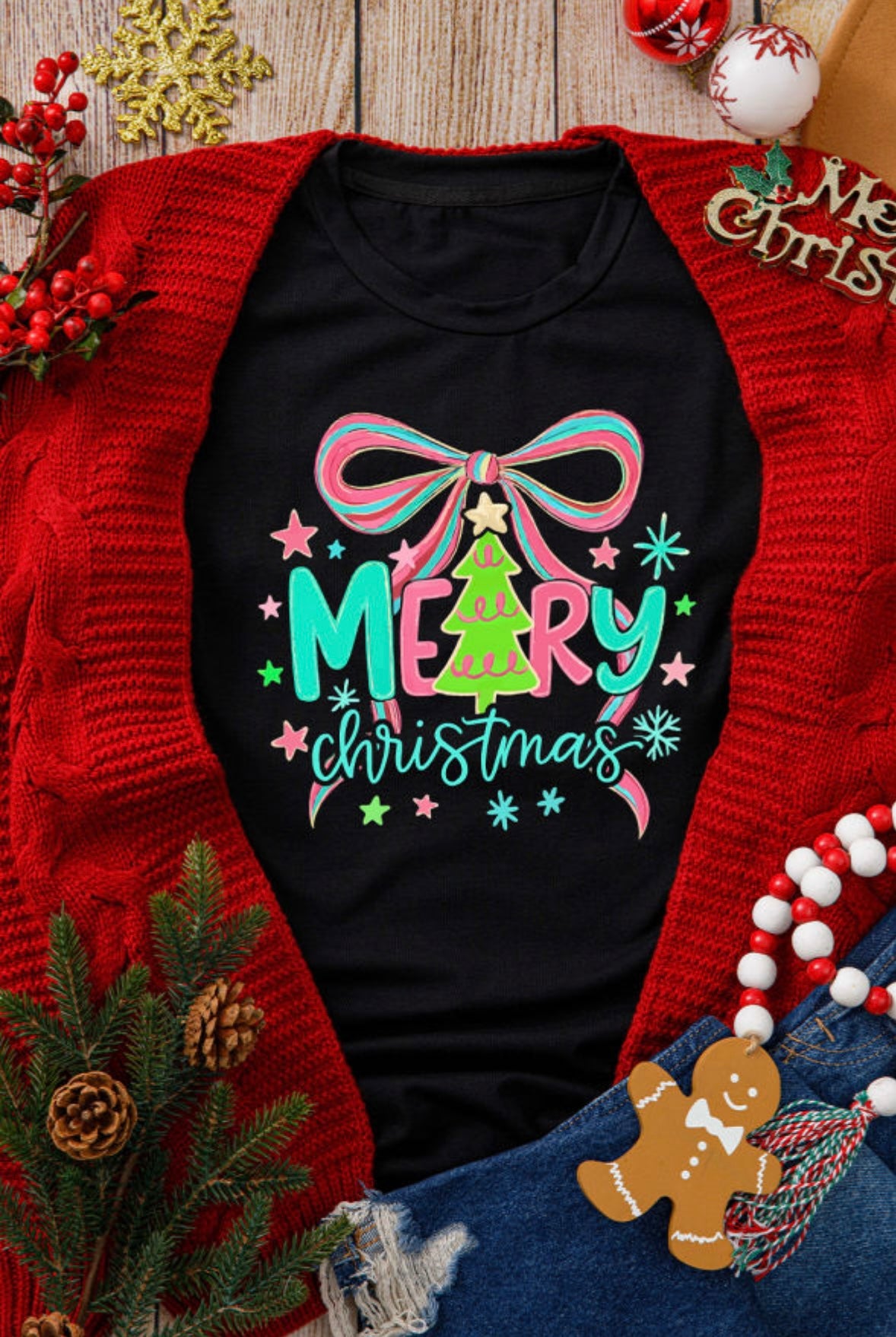 Merry Christmas Vibrant Bow Print T-Shirt