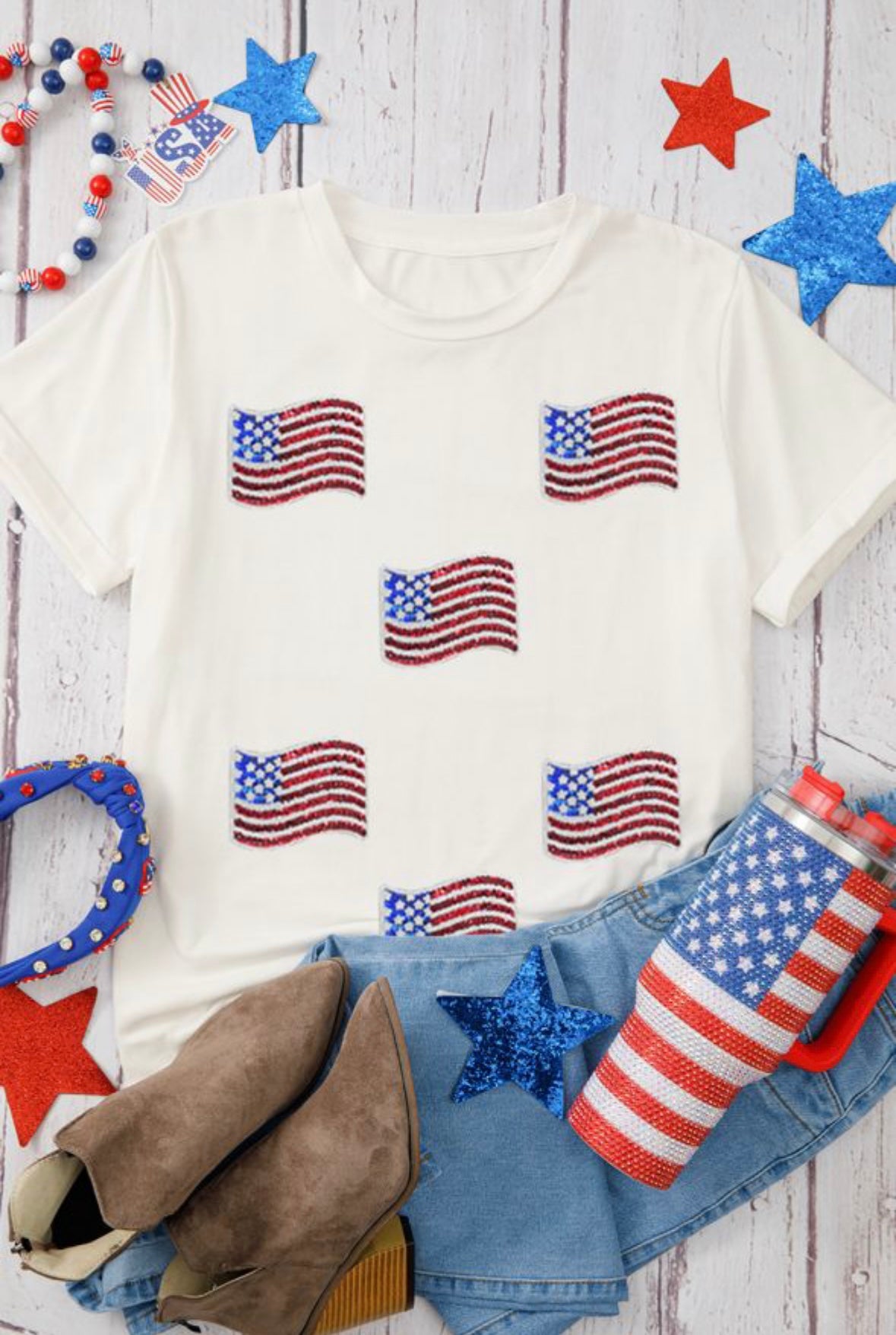 Sequin American Flag Casual T-Shirt