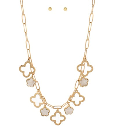 MOP & Open Clover Charm Necklace Set