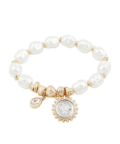Two-tone Coin Charm Pearl Bracelet