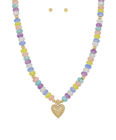 Color Bead & Heart Pendant Necklace Set