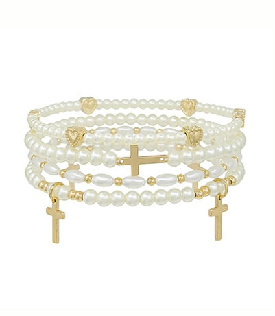 4 Row Cross & Heart Charm Pearl Bracelet