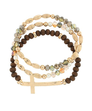 3 Row Cross Wood Bead Bracelet