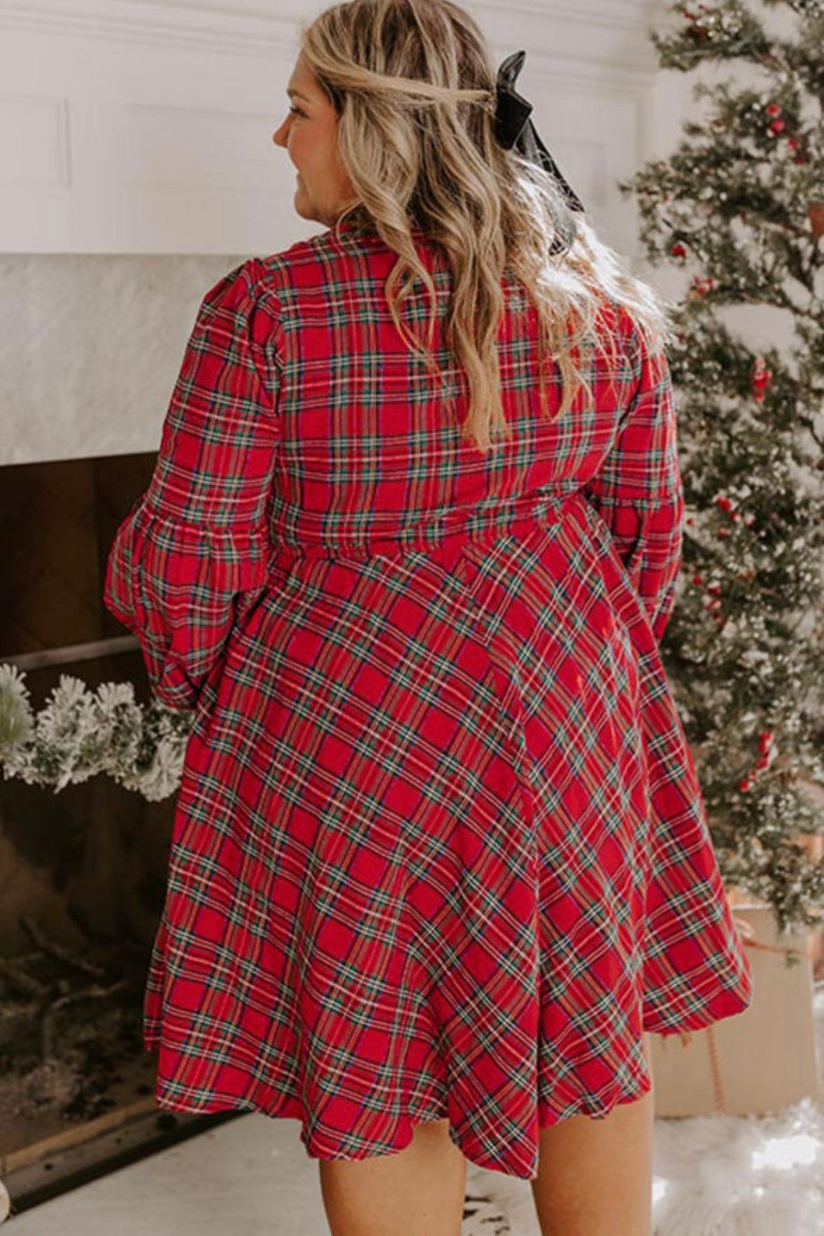 Plaid Half Button Long Sleeve Holiday Dress
