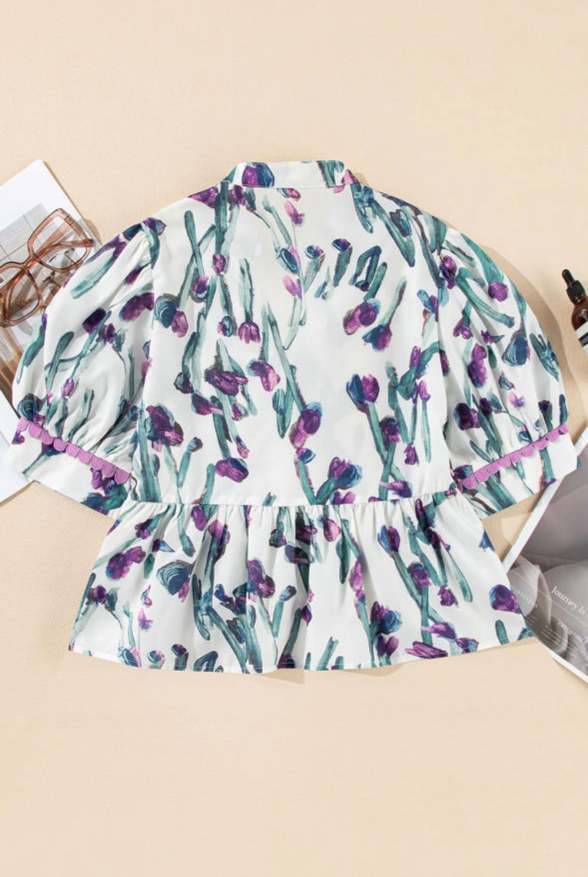 Floral Ricrac Trim Half Sleeve Peplum Top