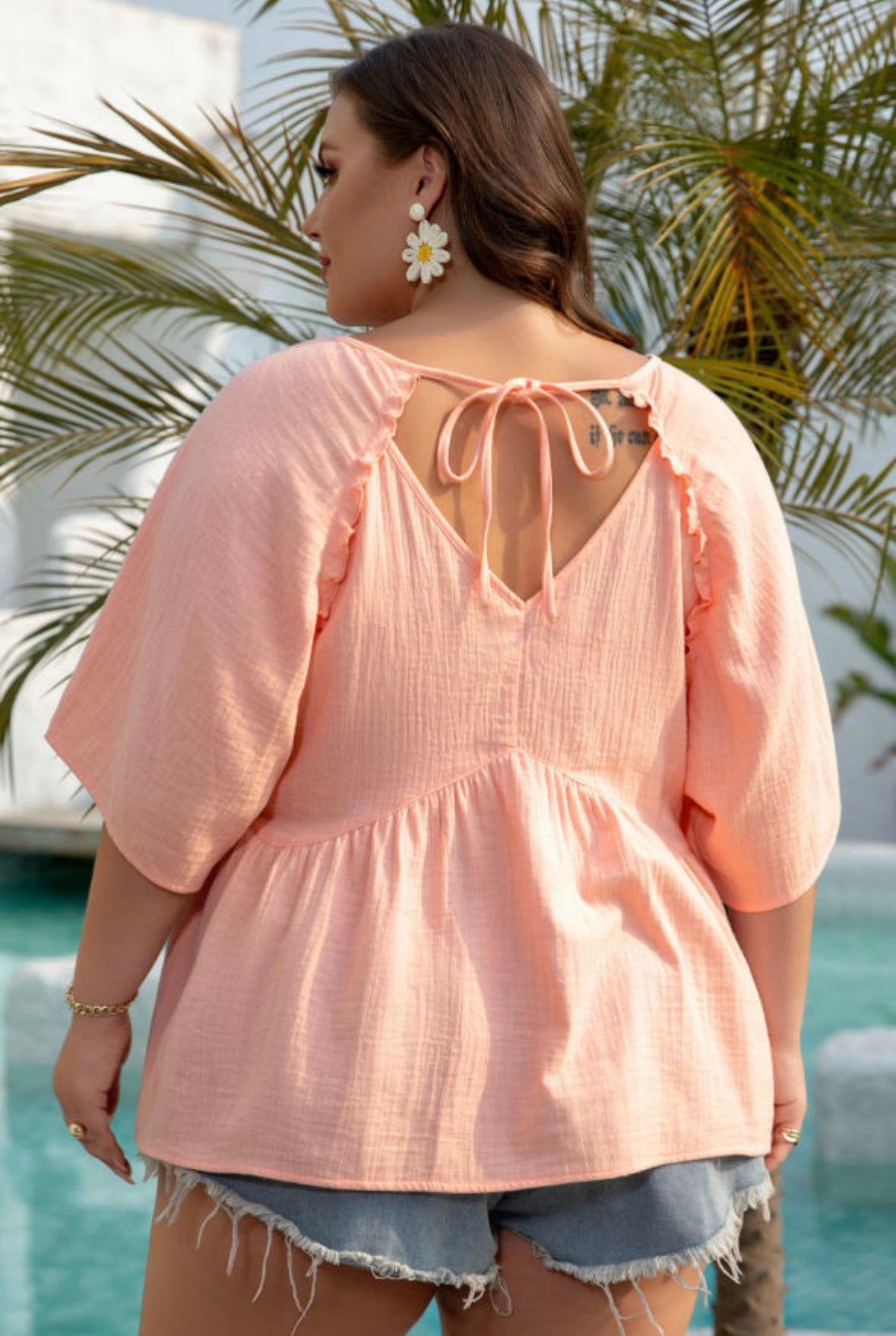 Textured Wide Short Sleeve Babydoll Blouse