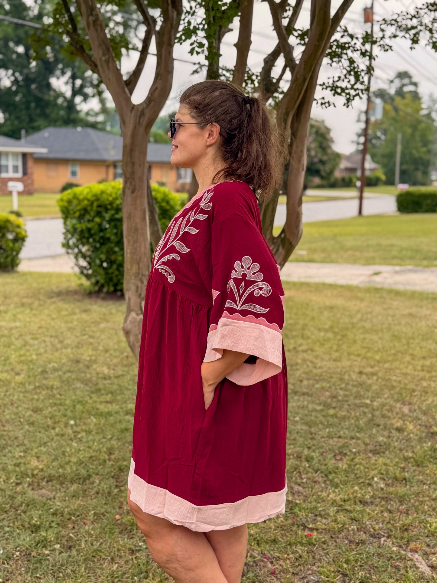 Embroidered Plunge V Neck Mini Dress
