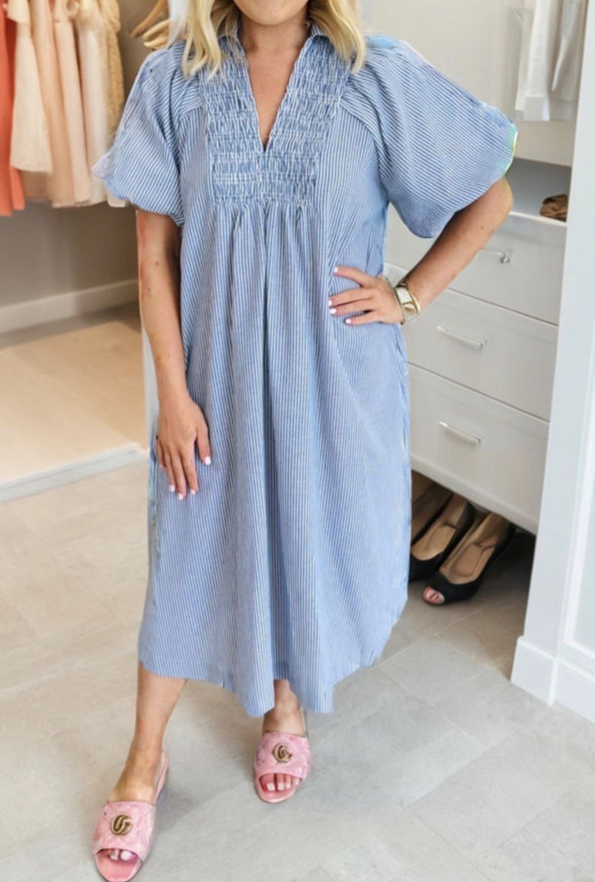 Stripe Shirred V-Neck Midi Dress