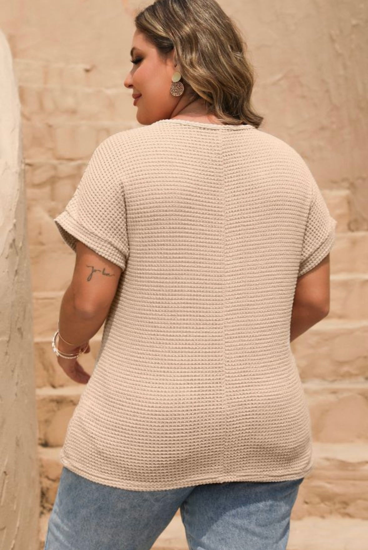 Lace Patchwork Waffle Short Sleeve Top