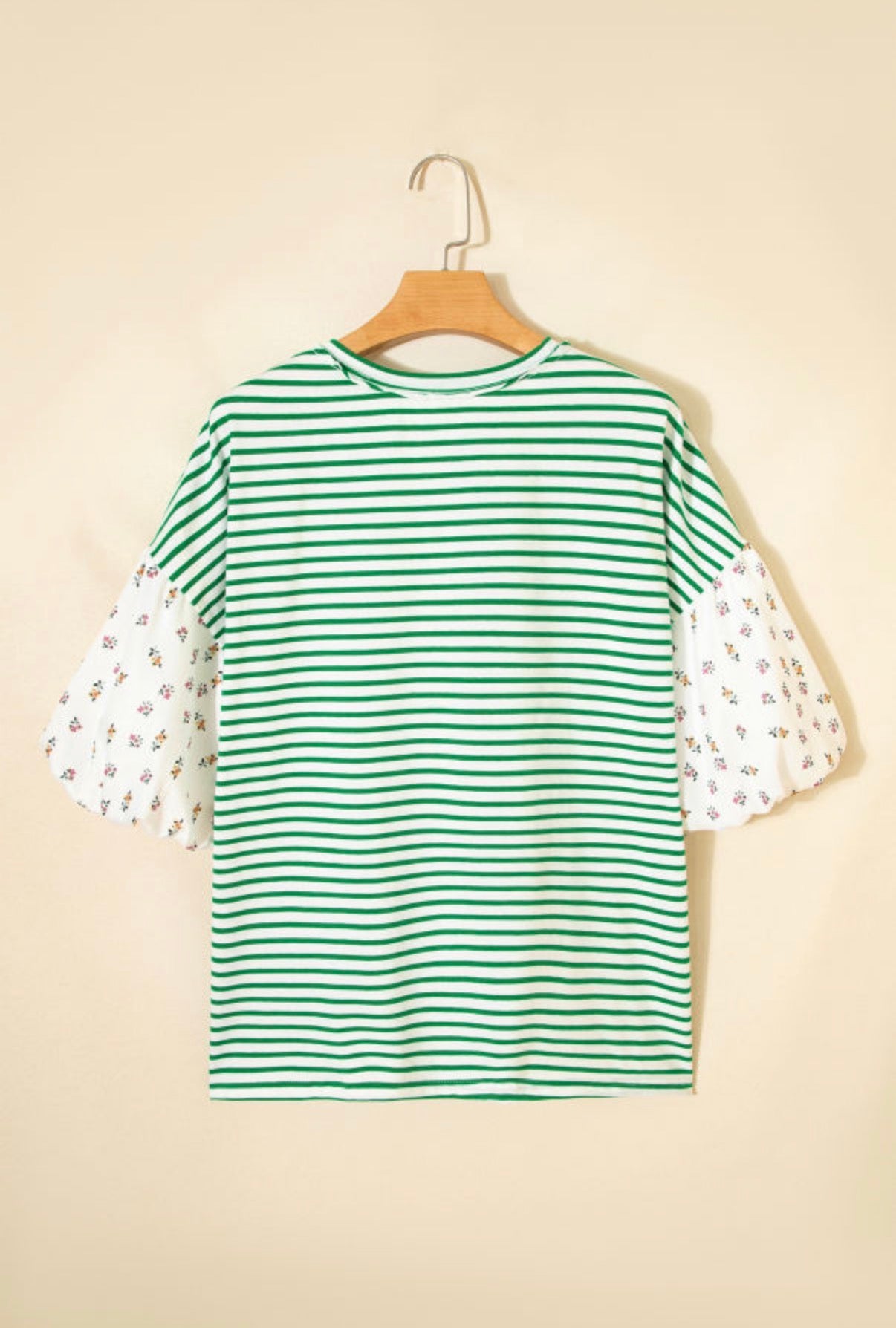 Stripe Floral Print Puff Sleeve Patchwork Loose Top