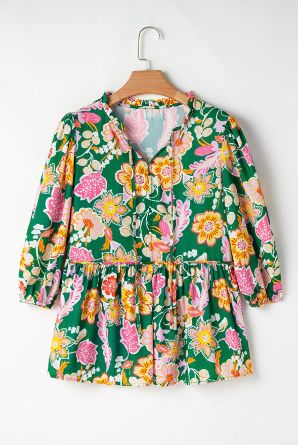 Floral V Neck Peplum w/ Puff Sleeve