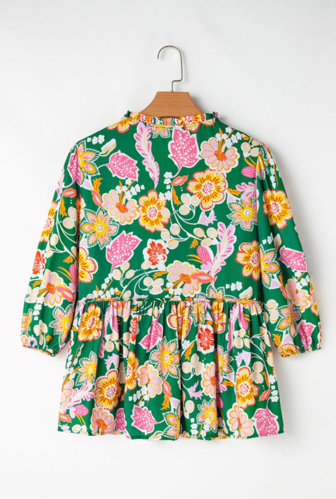Floral V Neck Peplum w/ Puff Sleeve