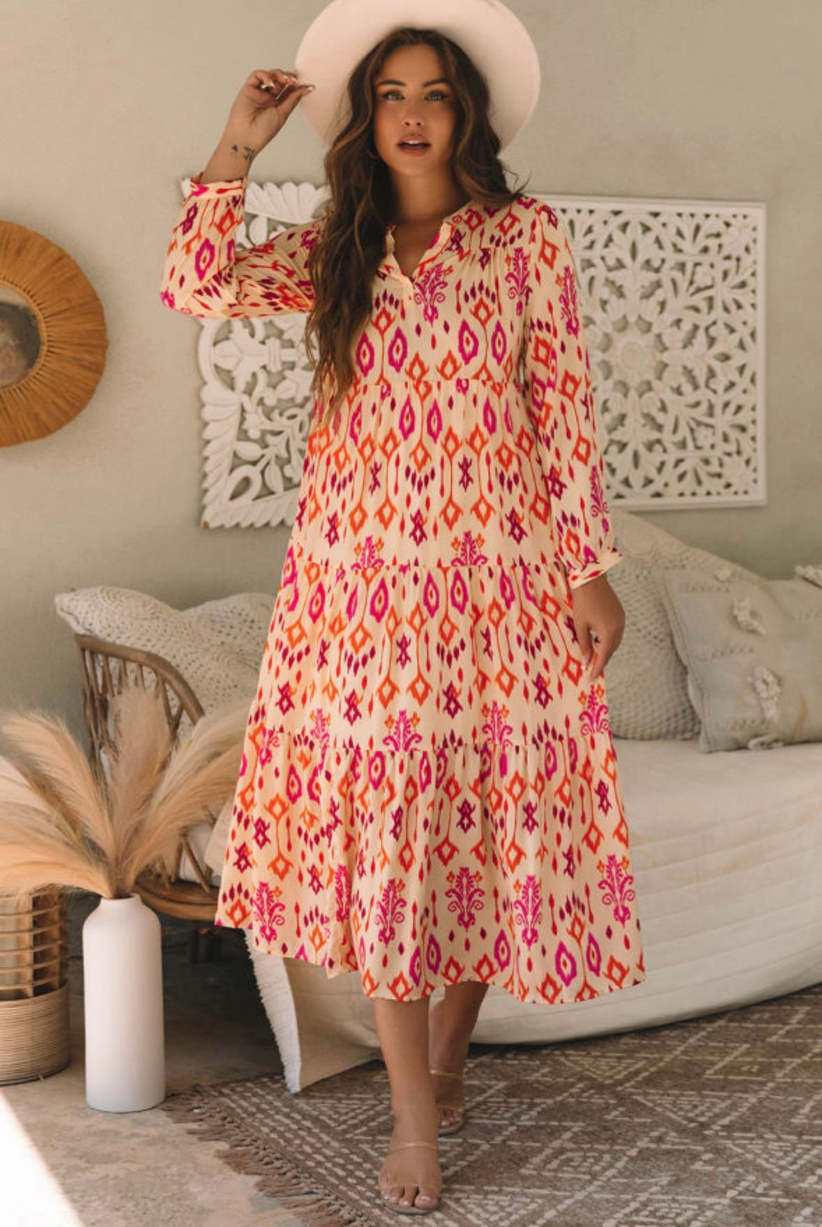 Western Abstract Geometric Printed Midi Dress
