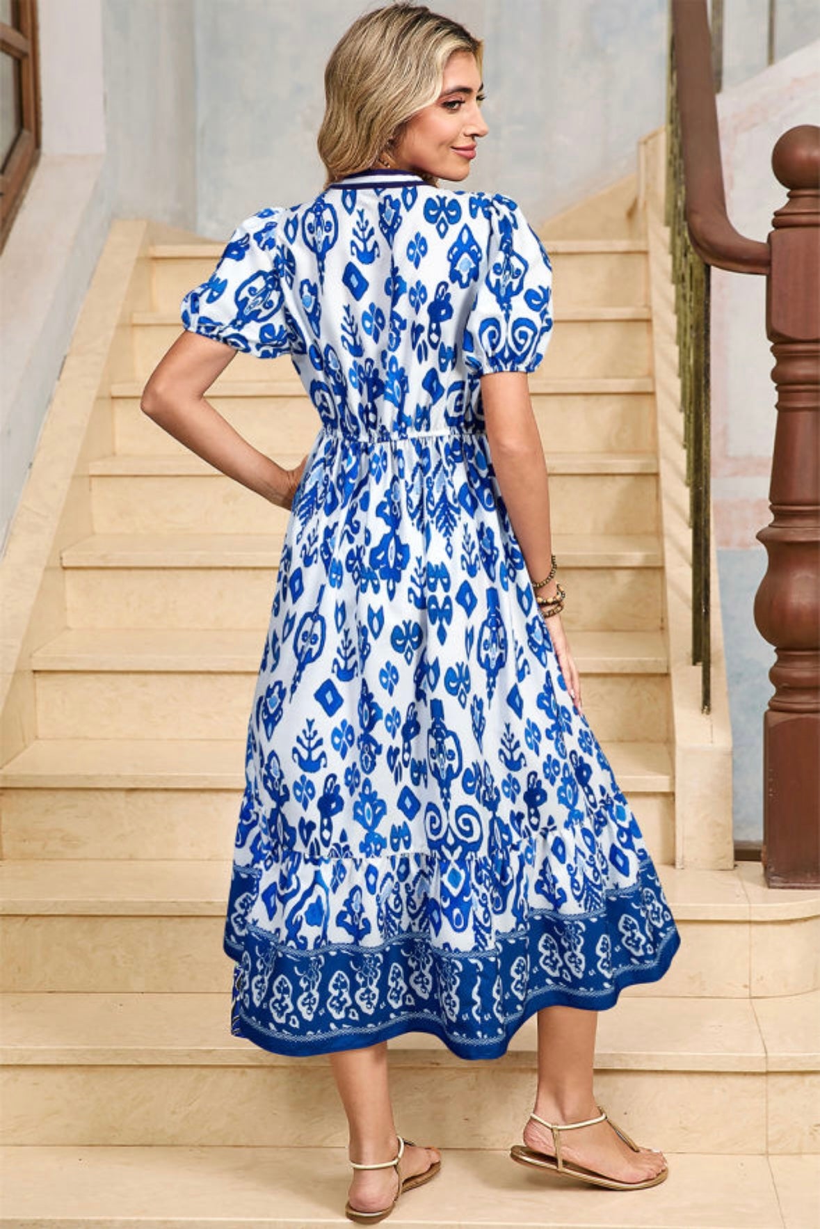 Floral Puff Short Sleeve V Neck High Waist Maxi Dress