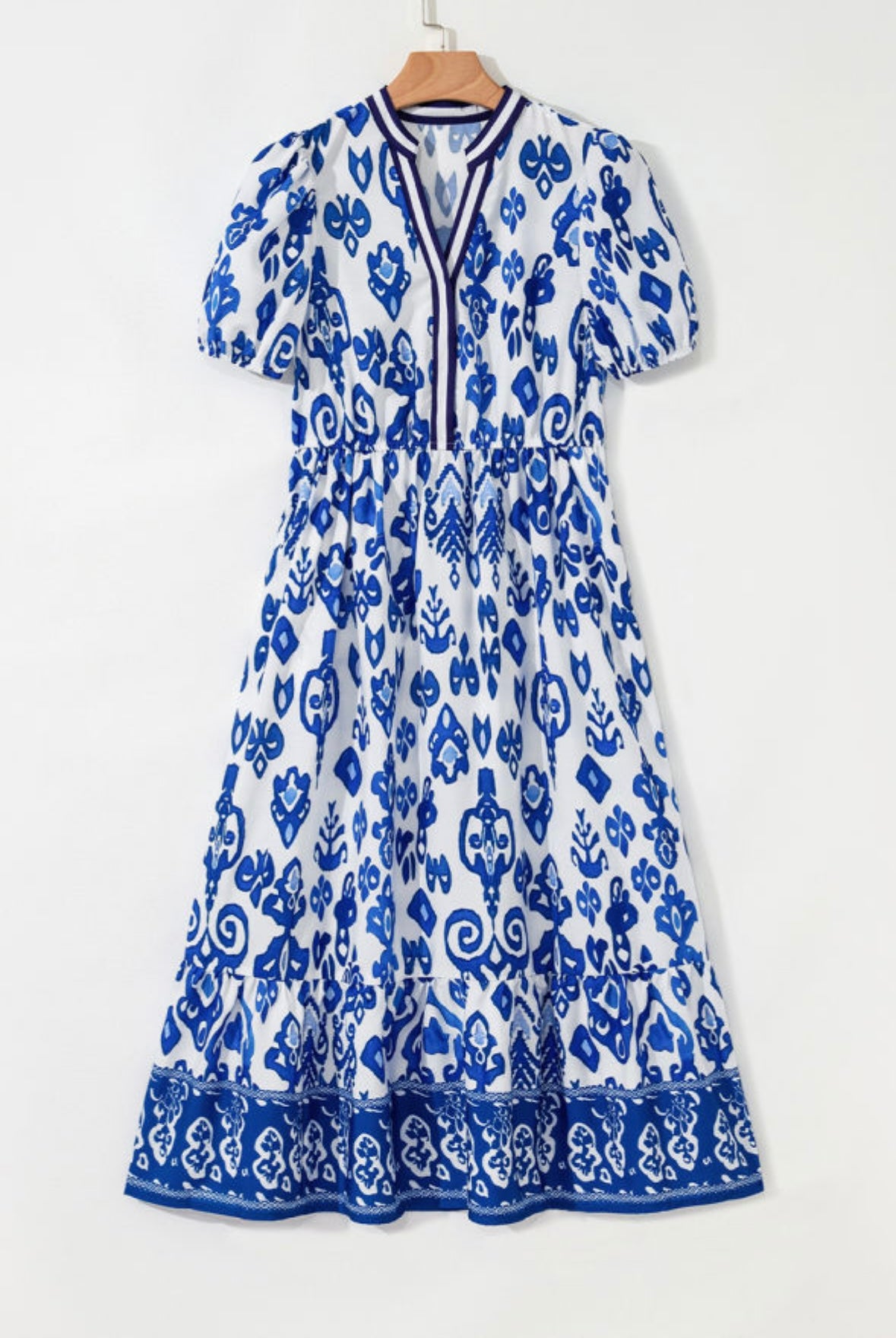 Floral Puff Short Sleeve V Neck High Waist Maxi Dress
