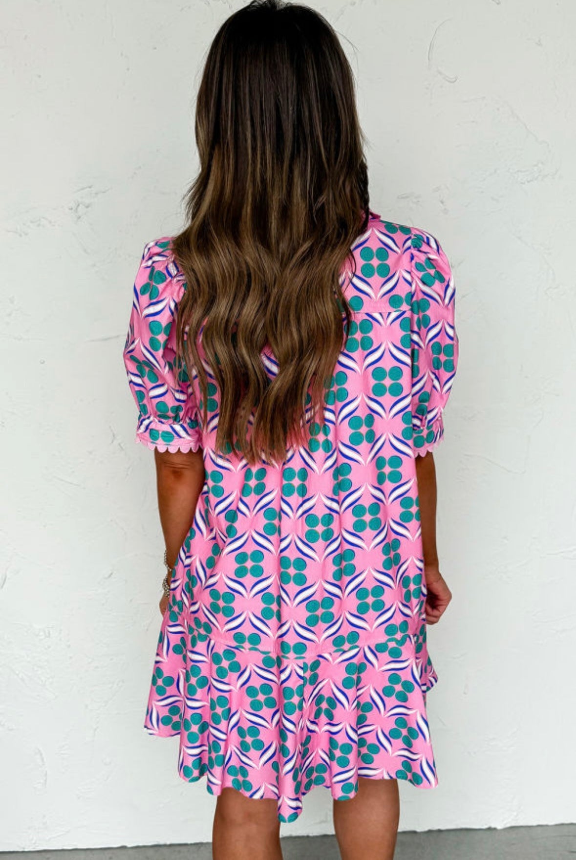 Geometric Floral V Neck RicRac Trim Mini Dress