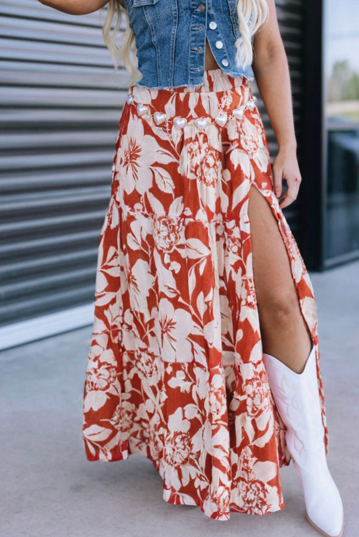 High Split Floral Western Cowgirl Maxi Skirt