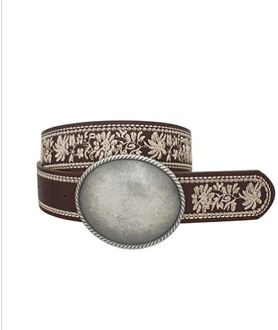Vintage Buckle Floral Embroidered Belt