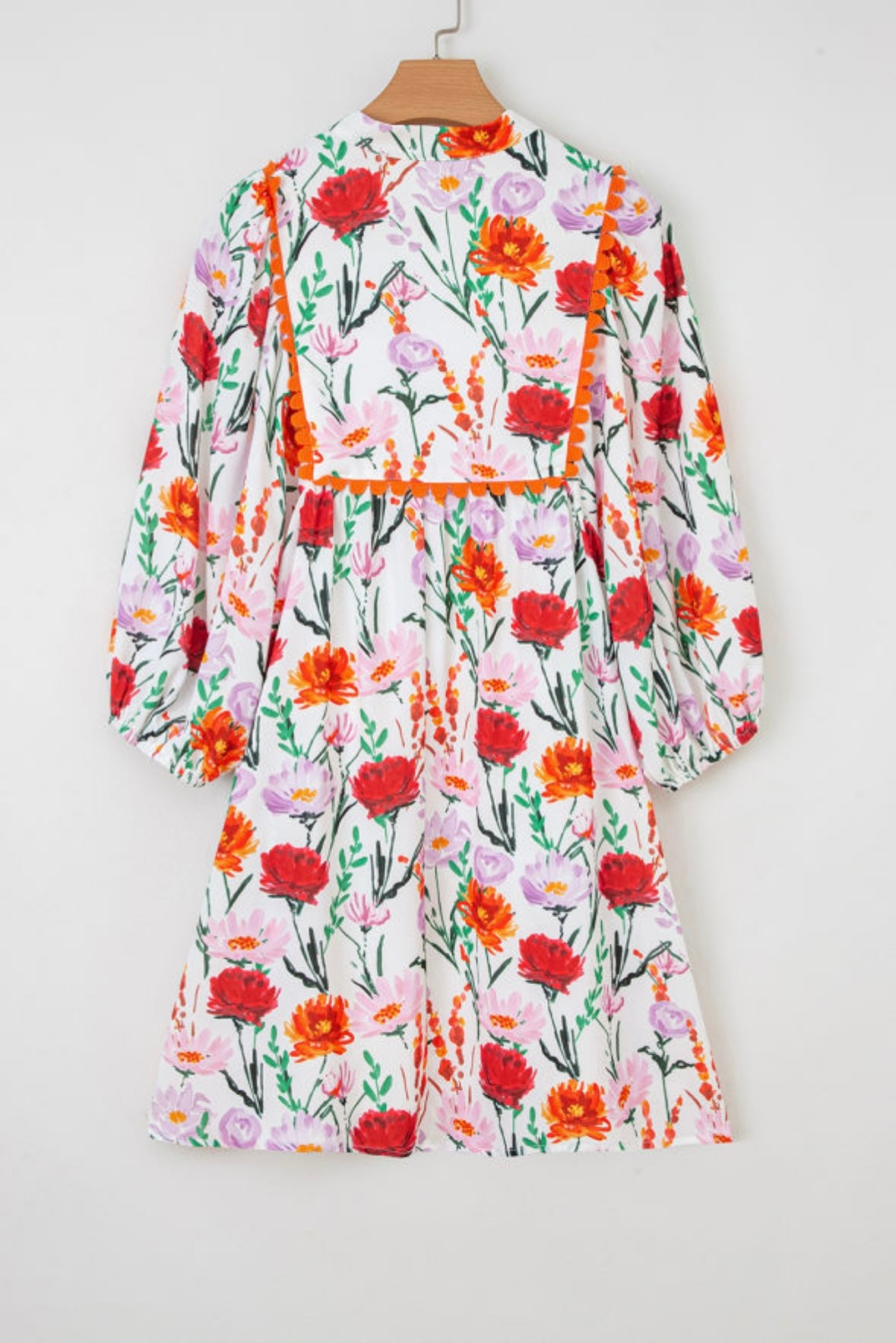 Floral Print 3/4 Puff Sleeve Ricrac Trim Mini Dress