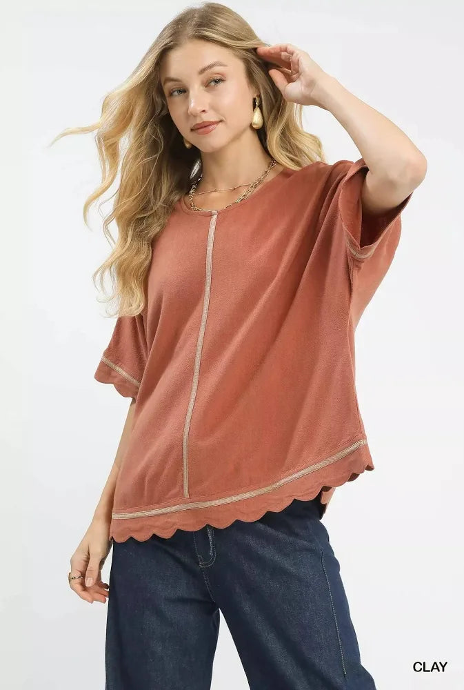 Linen Blend Scallop Trim Top