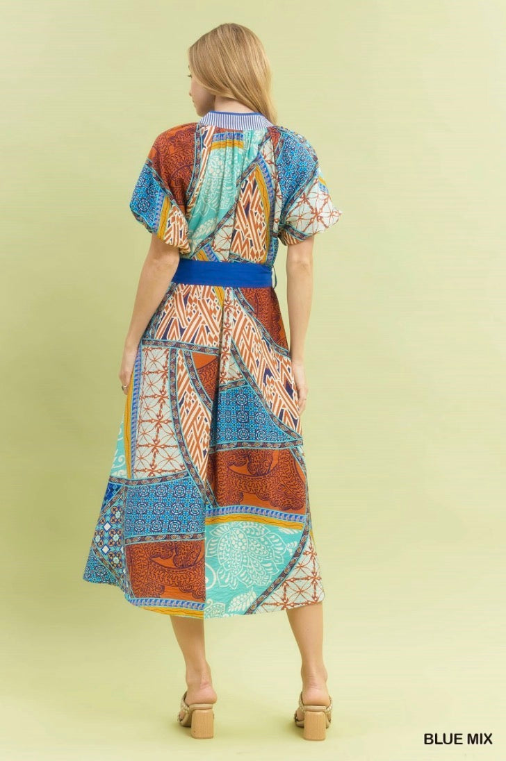 Mix Patchwork Print Midi Dress with Tie Waist