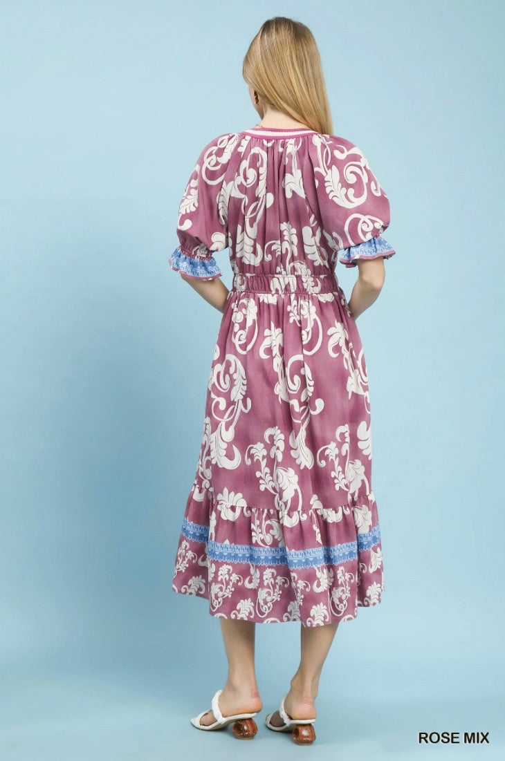 Mix Print Smocked Waist Midi Dress