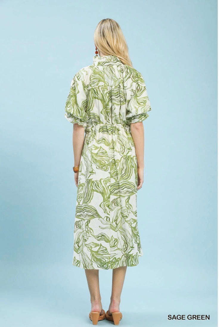 Abstract Print Smocked Tie Waist Midi Dress