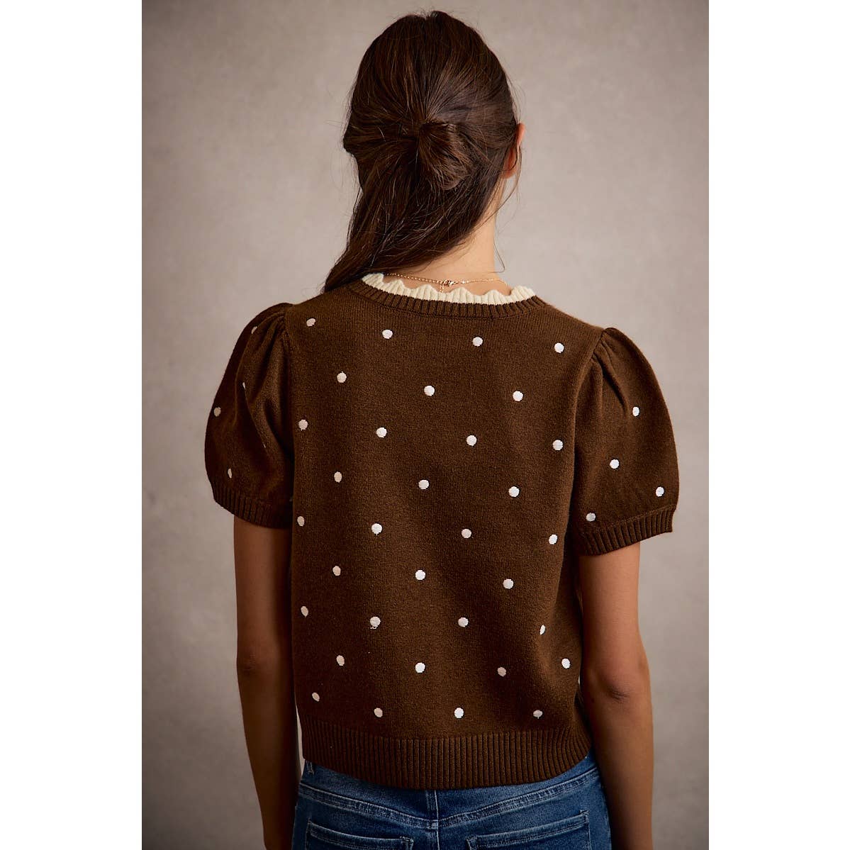 Polka Dot Scallop Neck Edge Puff Short Sleeve Knit Top