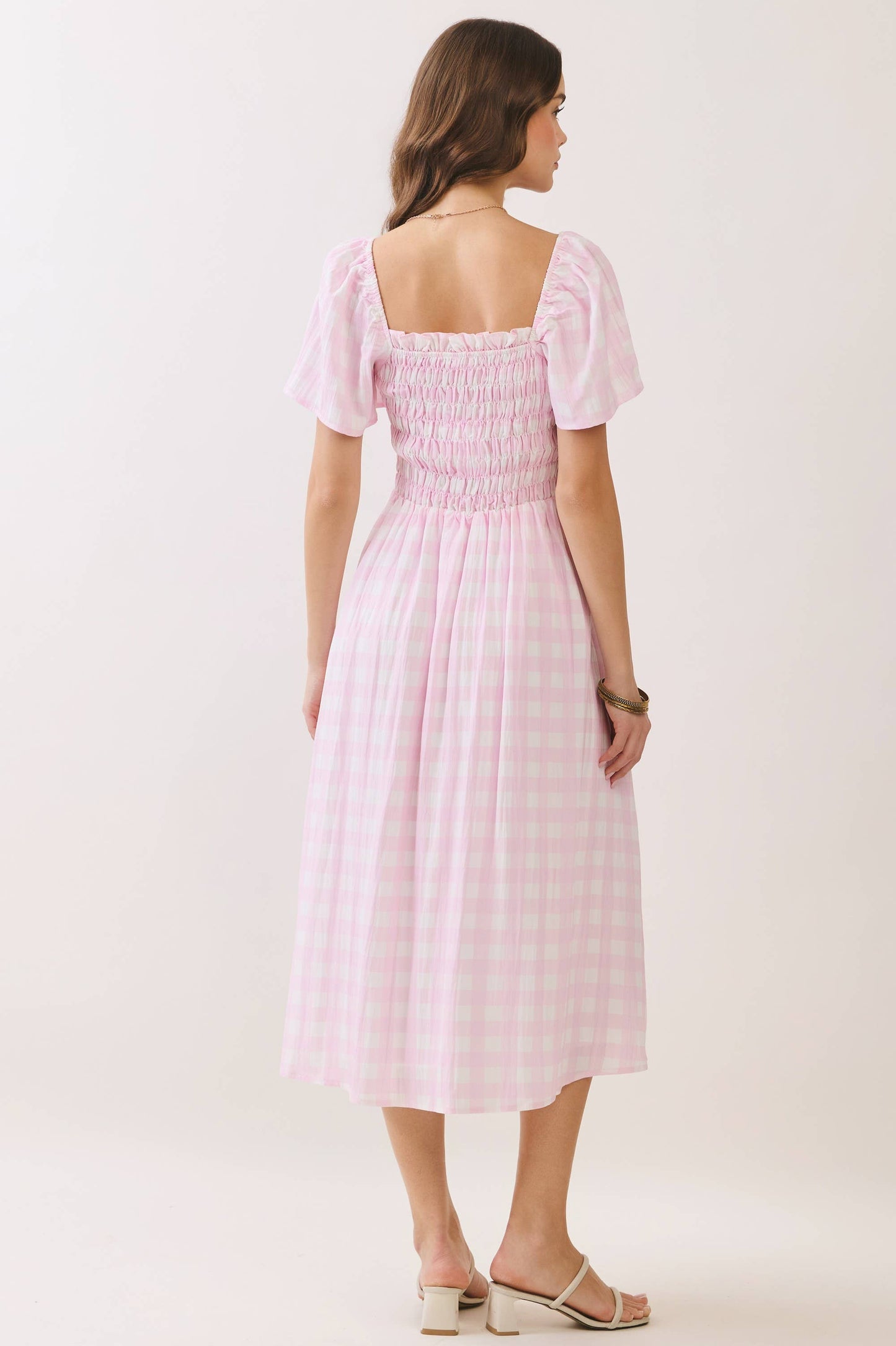 Gingham Smocked Puff Sleeve Midi Dress