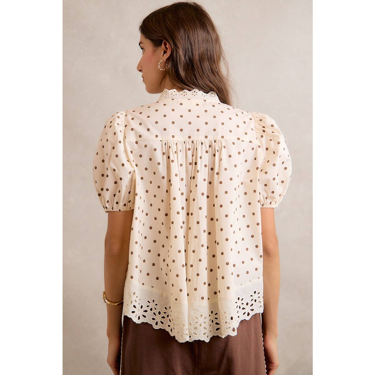 Polka Dot Cotton Lace Trim Short Sleeve Blouse