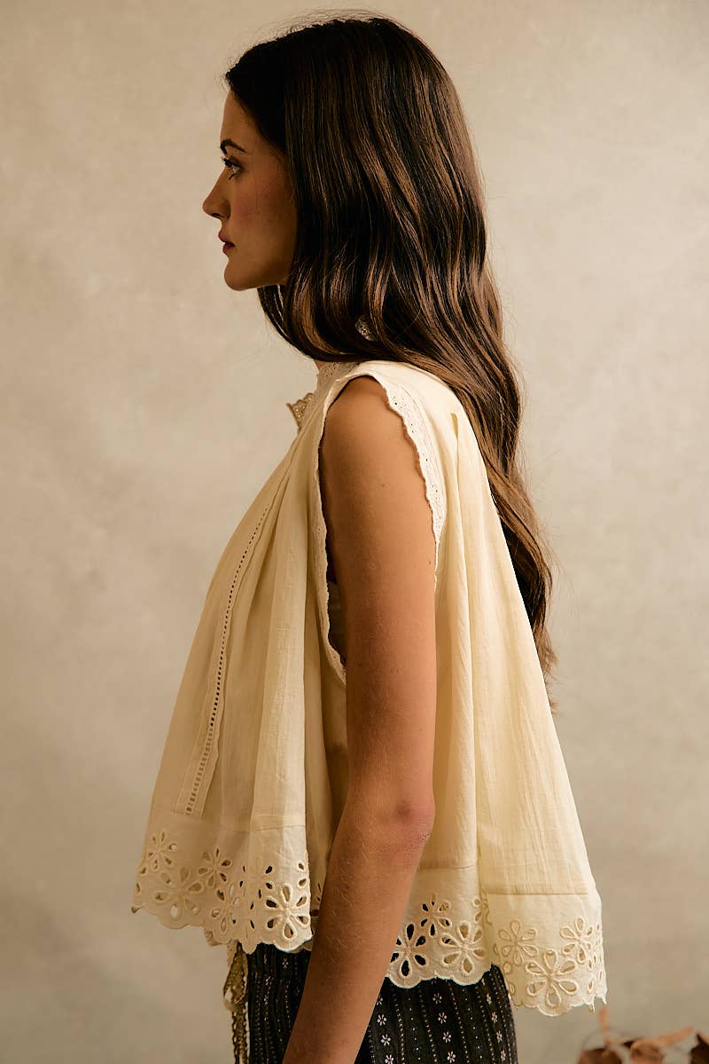 Button Up Front Pleated Sleeveless Blouse Top