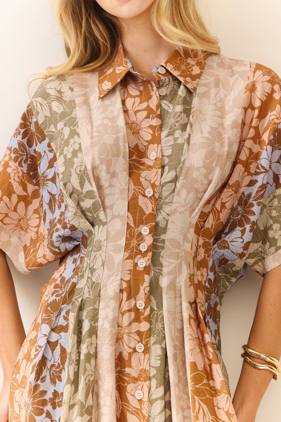 Mixed Floral Print Button-Front Midi Dress