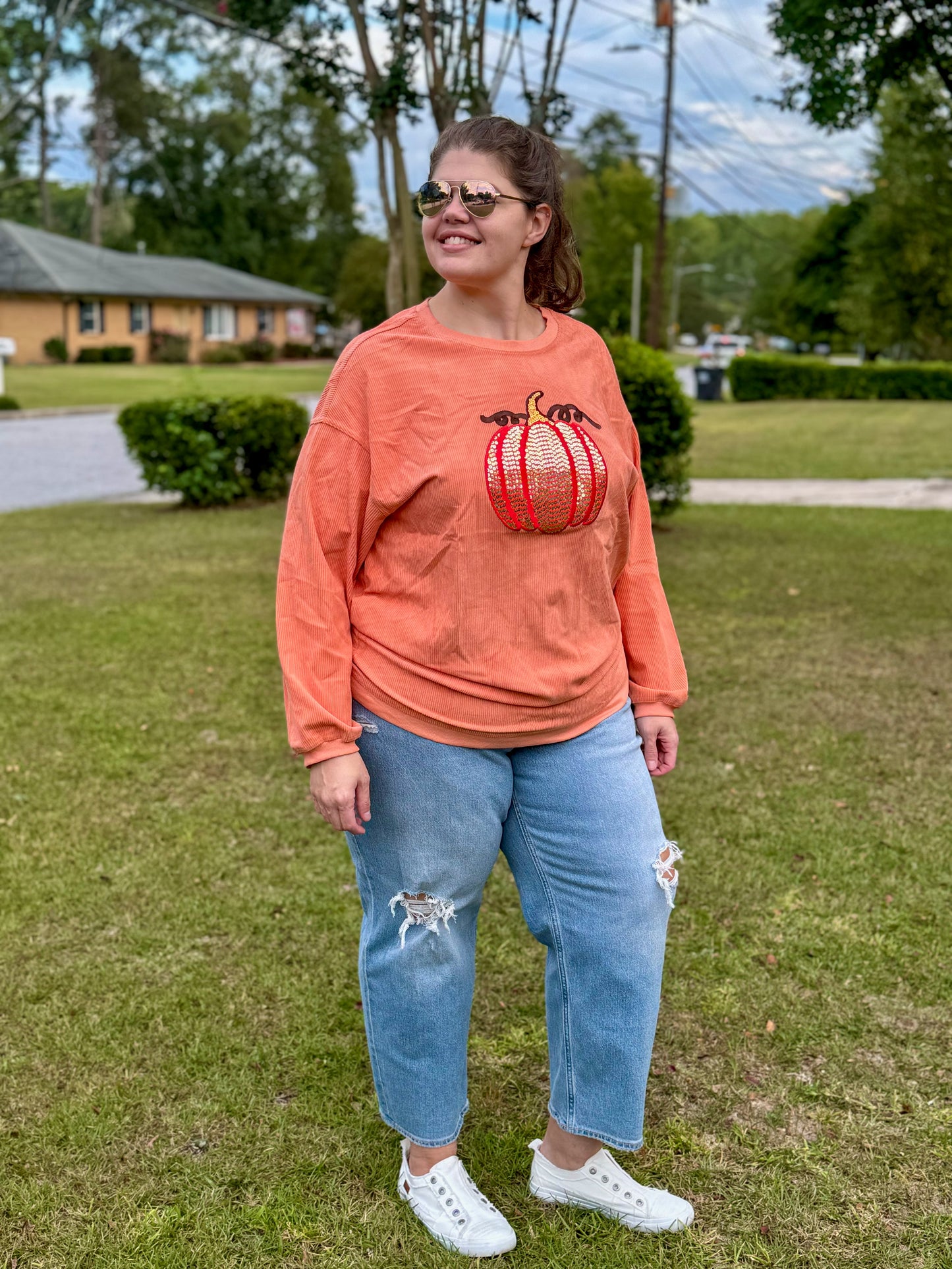 Sequined Pumpkin Corduroy Top