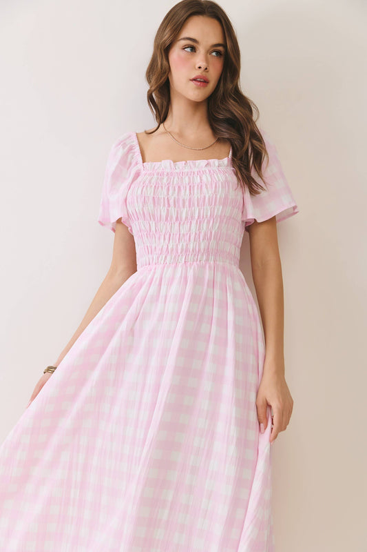 Gingham Smocked Puff Sleeve Midi Dress
