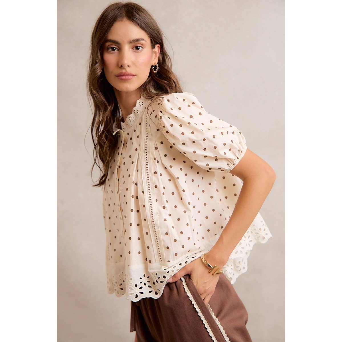 Polka Dot Cotton Lace Trim Short Sleeve Blouse