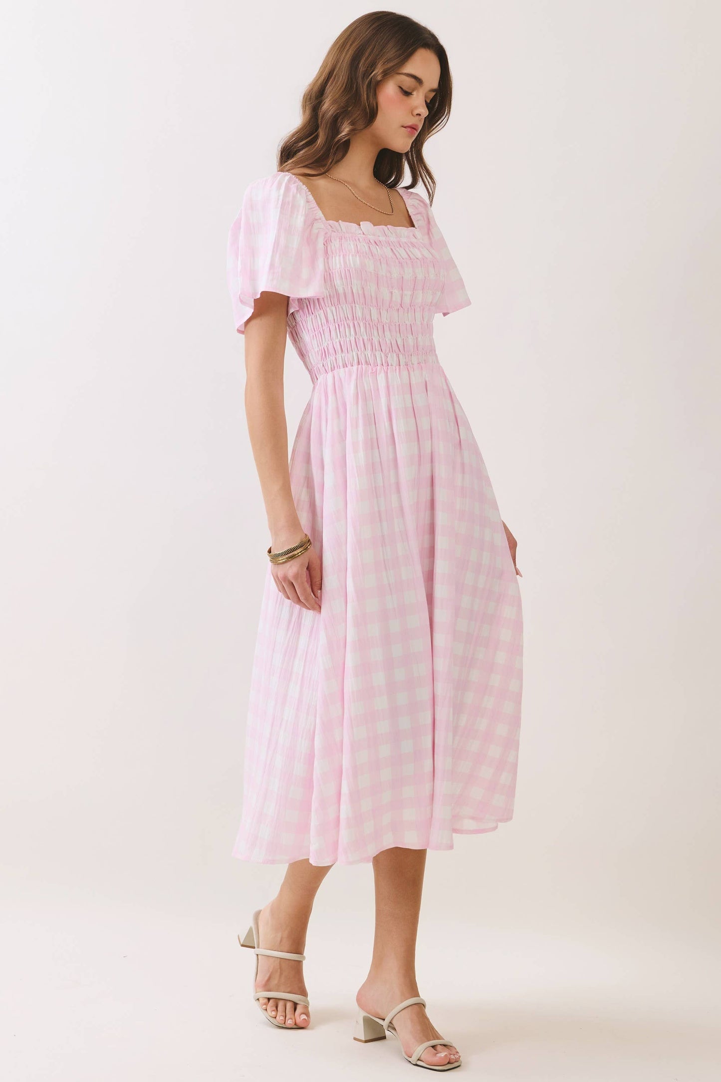Gingham Smocked Puff Sleeve Midi Dress