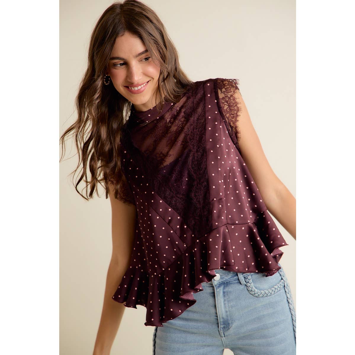 Polka Dot Satin Lace Trim Ruffled High Neck Blouse