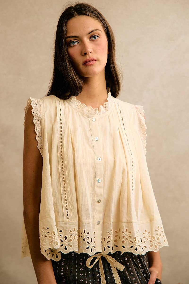 Button Up Front Pleated Sleeveless Blouse Top