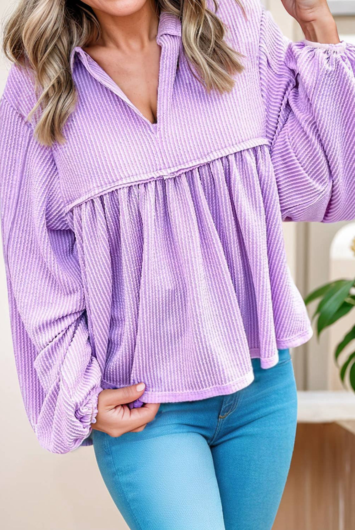 Babydoll Style Corded Turn-down V Neck Blouse