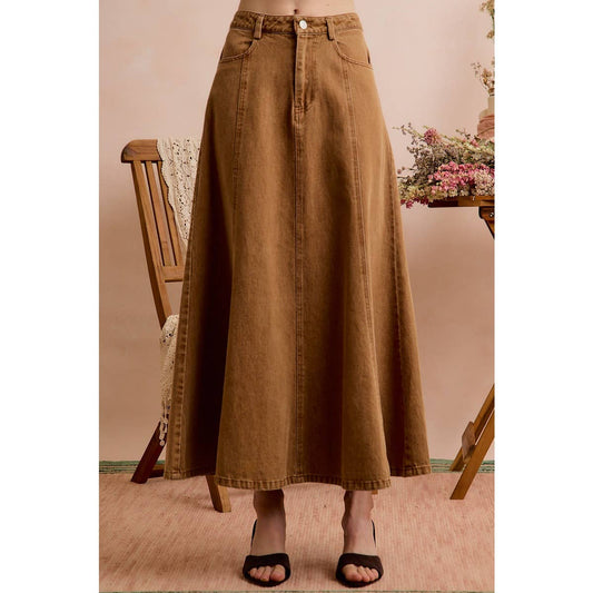 Pleated Color Denim Washed Wide Flowy Fit Maxi Skirt
