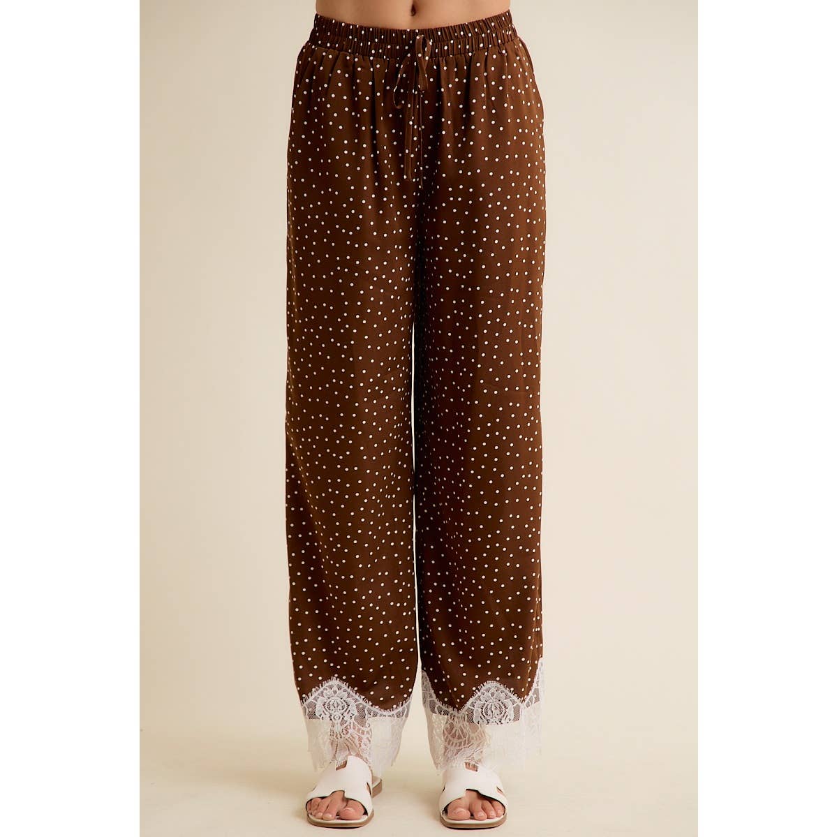 Satin Polka Dot Wide Leg Pull On Pants w/ Lace