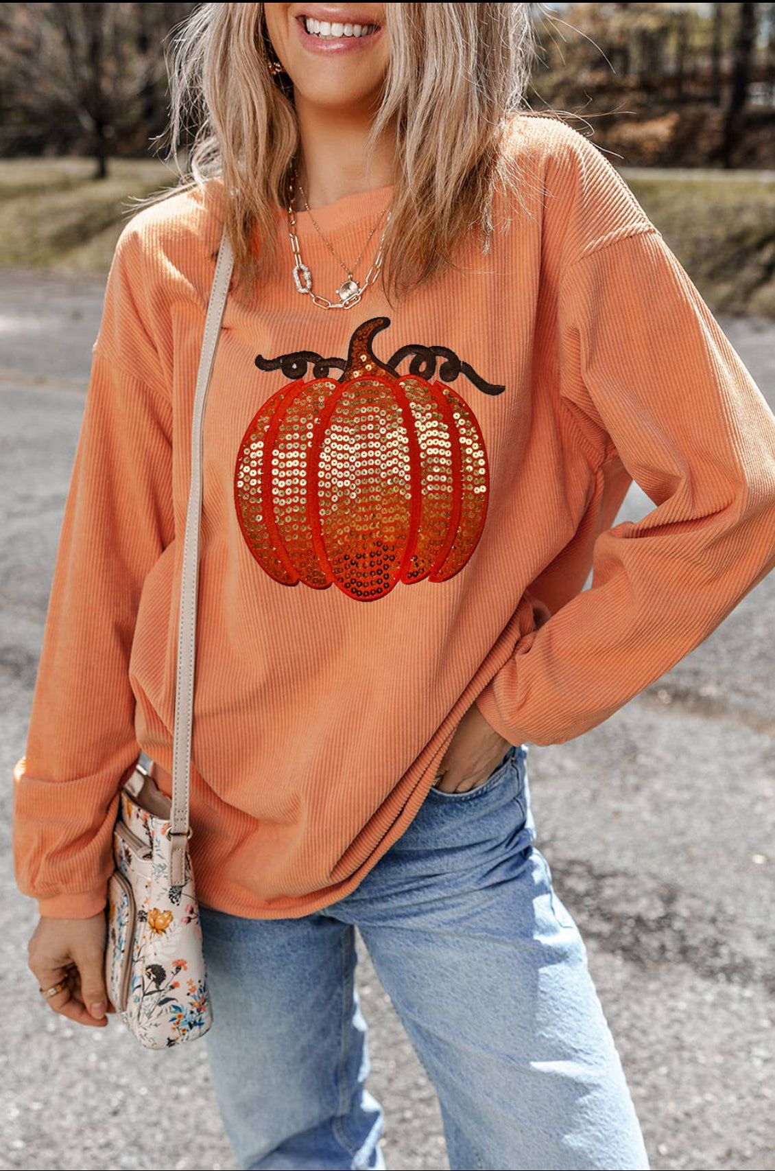 Sequined Pumpkin Corduroy Top