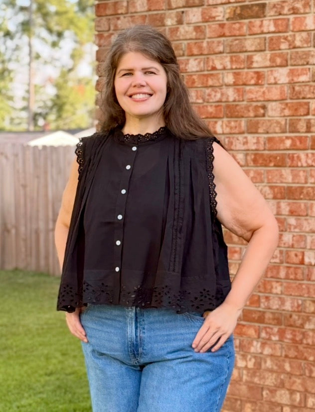 Button Up Front Pleated Sleeveless Blouse Top