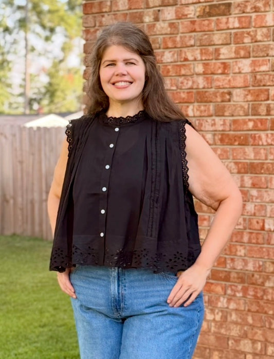 Button Up Front Pleated Sleeveless Blouse Top